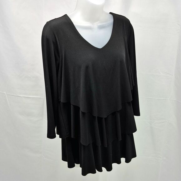 Susan Graver Top Women's Black Liquid Knit Tiered 3/4 Sleeve Scoop Neck Blouse S - Picture 4 of 11